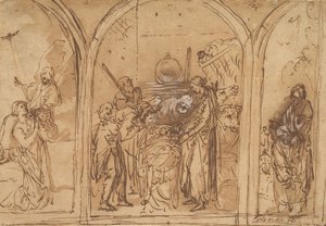 Et design for en triptyk med tilbedelsen av de to hellige, tidlig på 1600-tallet. av Jan Symonsz. Pynas