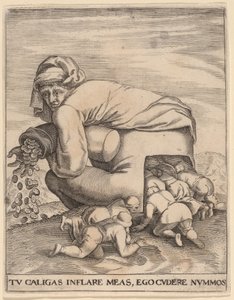 Mannen med pengesekken og smigrene hans av Jan Theodor de Bry after Pieter Bruegel the Elder