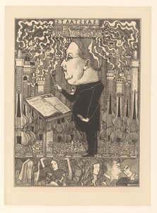 Dirigent med fioliner og rykende skorsteiner bak The State Treasury / The Hearth Cities (original tittel) av Jan Toorop