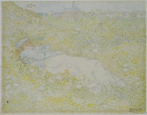 Kvinne som ligger i sanddynene nær Noordwijk Jente som ligger i gresset med silhuetten av Noordwijk i bakgrunnen av Jan Toorop