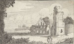 Landskap med en kirke i ruiner og to gjetere i samtale av Jan Van de Velde