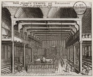 Interiør i den portugisiske synagogen i Amsterdam - Veenhuysen, Jan (aktiv 1656-1685) - Kobberstikk - 11,2x13,7 - Leiden universitetsbibliotek av Jan Veenhuysen