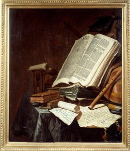 Bøker og musikkinstrumenter Maleri av Jan Vermeulen (1638-1674) 1600-tallet søn. 0,78x0,69 m Nantes, musee des Beaux Arts av Jan Vermeulen