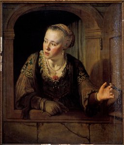 Portrett av en ung kvinne i vinduet hennes Maleri av Jan Victors (1620-1676) (ec.flam.) 1640 Søn. 0,93x0,78 m