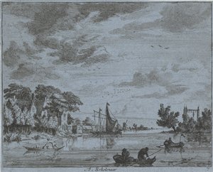Forretninger ved en elv Te, skolegutt (tittel på objekt) Landskap i Haarlem-området (serietittel) Gesigten utenfor Haarlem, Utført av. J.V.V. (serietittel på objekt)