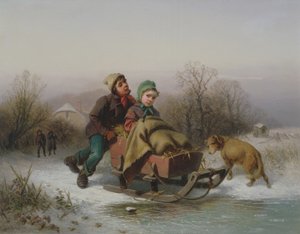 En gutt som skyver en ung jente i en slede av Jan Walraven