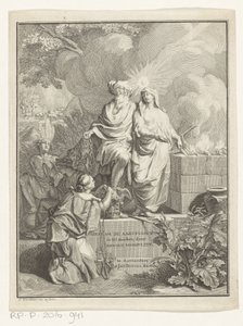 Allegorisk tittelside med patriark Abraham og sannhet Tittelside for: Arnold Hoogvliet, Abraham patriarken, i XII Boeken, 1728