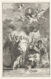 Allegorisk tittelside med portrettet av forfatteren Edward Simson Tittelside for: Edward Simson, Chronicon historiam catholicam complectens, 1729
