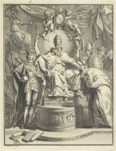 Tronet av pave Adrian VI Tittelside for: Burmann, Kasper Hadrianus VI eller den historiske anacletaen til Hadrianus den sjette romerske paven, 1727 av Jan Wandelaar