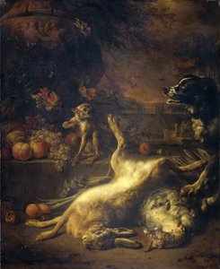 En ape og en hund med dødt vilt og frukt av Jan Baptist Weenix