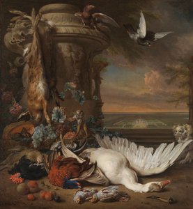 Jakt og fruktstilleben ved siden av en hagevase, med en ape, hund og to duer, i det fjerne Rijksdorp nær Wassenaar, sete til Jacob Emmery, baron av Wassenaar av Jan Baptist Weenix