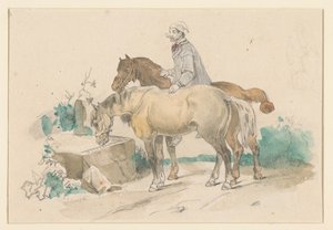 Bonde med to hester ved et trau med vann av Jan Weissenbruch
