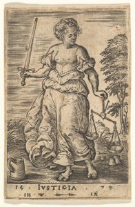 Justice, en allegorisk figur som holder en balanse i venstre hånd og et sverd i høyre..., 1579.