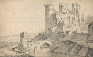 Ødelagt slott ved en elv