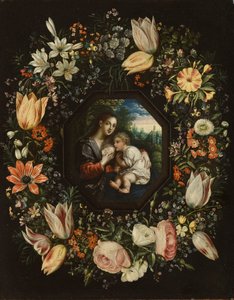 Madonna og barn i en krans av blomster, ca. 1625 (olje på kobber) av Jan and Balen, Hendrik van Brueghel