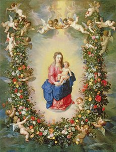 Jomfruen og barnet omkranset av en krans av blomster holdt oppe av kjeruber, ca. 1624 (olje på kobber)