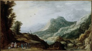 Fjelllandskap med en bondefamilie i veikanten (Maleri, ca. 1620-1630) av Jan and Momper Joos de  Brueghel