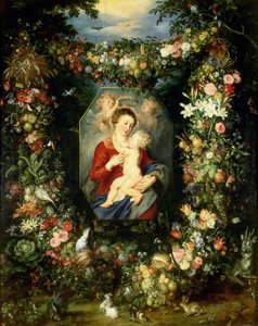 Jomfruen og barnet i en krans av frukt og blomster, ca. 1614-18