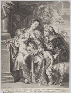 Den hellige familie med Elizabeth og spedbarnet St. Johannes døperen, jomfruen som ammer spedbarnet Kristus, ca. 1635-42 av Jan Witdoek