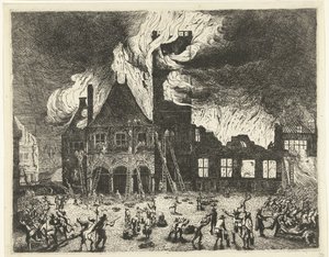 Brannen i det gamle rådhuset i Amsterdam, 1652 Skildring av den gamle Stadthuys som ble brent til Amsterdam 7. juli 1652