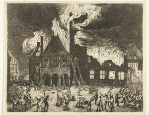 Det gamle rådhuset i Amsterdam står i brann av Jan de Baen