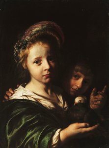 En jente som holder en due og en gutt som gestikulerer, 1652