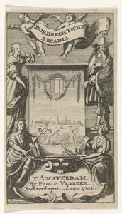 Fire figurer rundt en ramme med utsikt over Dordrecht Tittelside for: Dordrechtsche Arcadia, 1701 av Jan de Jonge