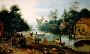 Et skogkledd elvelandskap om sommeren med reisende som ankommer et vertshus (olje på panel) av Jan the Elder (circle of) Brueghel