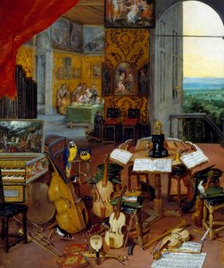 Detaljhøring som representerer musikkinstrumenter (cello, fiolin, lutt, fløyte, cembalo). Maleri av Jan Brueghel Le Vieux kaller Brueghel de Velours (Brueghel eller Brueghel av Jan the Elder Brueghel