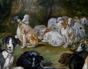 Hunder, detalj fra Diana og Nymphs på tidspunktet for å forlate av Jan the Elder Brueghel