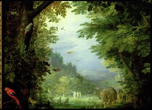 Earth or The Earthly Paradise, detalj av Adam og Eva med Gud og andre dyr, 1607-08 olje på kobber detalj av 93899