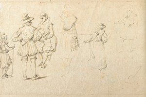 Fem figurer sett bakfra, og en annen figur av Jan the Elder Brueghel