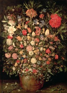 Stor bukett blomster i en trebalje av Jan the Elder Brueghel