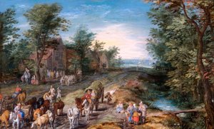 Veiscene med reisende og storfe, ca. 1611 (olje på eikepanel) av Jan the Elder Brueghel