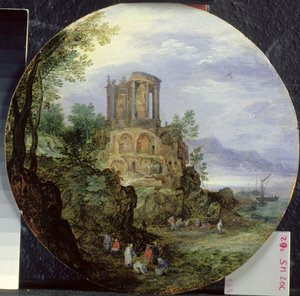 Sørkystlandskap med Vesta-tempelet i Tivoli, 1595 av Jan the Elder Brueghel