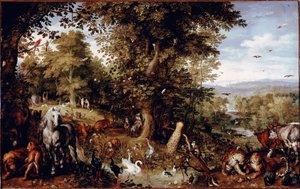 Det evige paradis Alle skapelsens dyr representert i par. Maleri av Jan Bruegel (eller Breugel eller Brueghel eller Breughel) den tidligere kjent som Bruegel de Velours (1568-1625) Roma Galleria Doria Pamphilj av Jan the Elder Brueghel