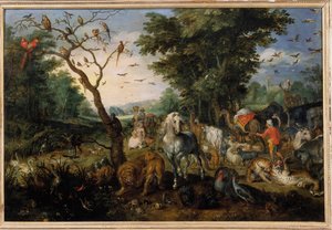Bordingen av dyr i Ark of Noe Maleri av Jan Bruegel (eller Breugel eller Brueghel eller Breughel) den tidligere kjent som Bruegel de Velours (1568-1625) 1600-tallets Orleans, Musee des Beaux Arts - Dyrenes inntreden i Noahs ark Maleri av Jan av Jan the Elder Brueghel