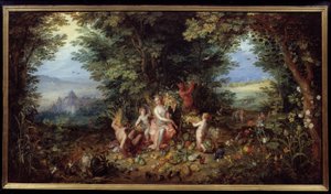 De fire elementene: "Jorden"" Allegori. Utsikt over Jordens paradis. Maleri av Jan Brueghel Le Vieux kaller Brueghel de Velours (Brueghel eller Brueghel av Jan the Elder Brueghel