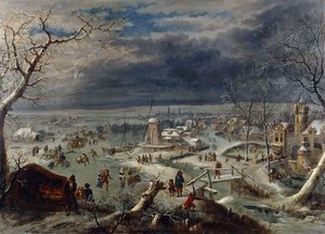 Et vinterlandskap med skatere på en frossen vannvei ved en landsby, en jeger i forgrunnen, Antwerp Beyond,
