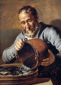 Vann og alderdom: Fiskehandler med bøtte og balje med fisk, 1623-5