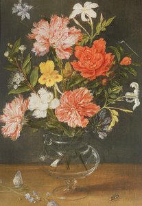 Stilleben av nelliker og andre blomster