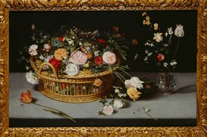 Stilleben med kurv og vase med blomster (olje på lerret)