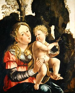 Madonna og barn (olje på panel) av Jan van (studio of) Scorel