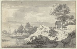 Landskap med figurer som hogger ved på bredden av en elv
