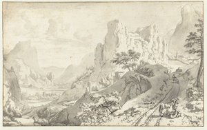 Fjelllandskap med reisende på en vei