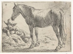 Stående hest med hvilende rytter Landskap med hester (serietittel)