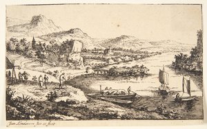 Elvelandskap med veifarere, en lekter og to joller for seil av Jan van Almeloveen