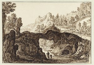 Steinete fjellandskap med to reisende i forgrunnen av Jan van Almeloveen