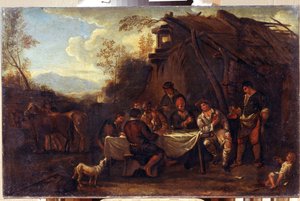 The Merry Meeting (Merrymeeting). Maleri av Jan Miel (1599-1664). kunst i flamsk barokkstil. Olje på lerret. Regionalt I. Kramskoi kunstmuseum, Voronezh (Voronezh, Russland).