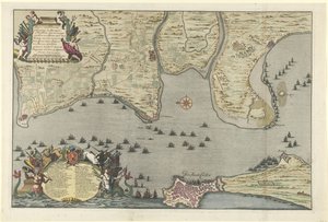 Kart over landingen og ekspedisjonen til de allierte i Cadiz, 1702 Plan for Dissante eller landing i Spangien for Cadix med leirplassene og Marse utført av hertugen av Ormont og generalmajoren og baron de Spar Ceedert 26. august til av Jan van Call (I)